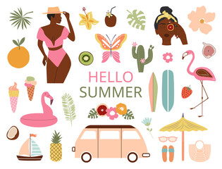 Big summer clipart. Tanned beautiful girl in bikini, fruits, flowers, flamingo, beach umbrella, ice-cream, tropical leaves, sunglasses, surf board, bus. Hello summer inscription. Summer vibes concept.