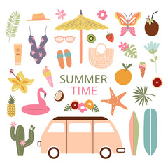 Summer sunny fruity clipart. Butterfly, fruits, tropical exotic leaves and flowers, flamingo, ice-cream, beach accessories, surf board. Summer time vibes.