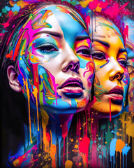Fashion and painted creative makeup, young beautiful women with abstract face art. Generative AI