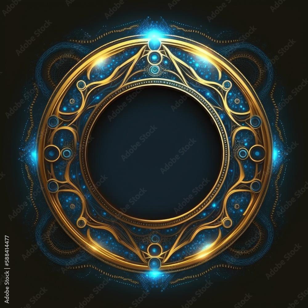 Poster abstract art of thick glowing golden and blue circle frame with vivid in chevrons game design. creat