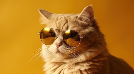 studio shot of cool cat wearing sunglasses on yellow background with copy space. Generative Ai.