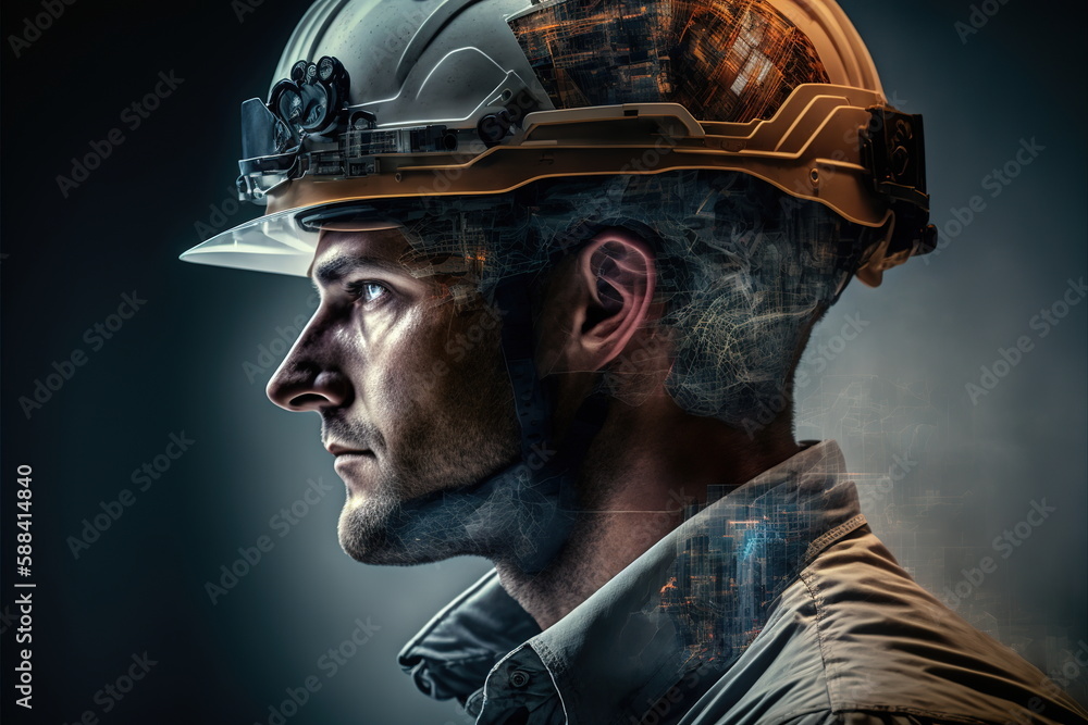 Poster electrical engineering concept design. electrician or engineer wear hardhat with double exposure eff