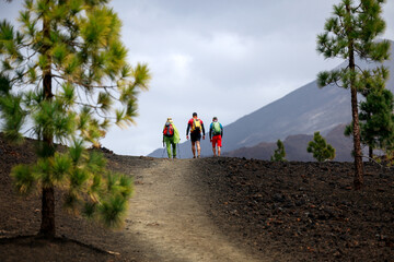 Group of friends hiking in Tenerife with a volcano in the background.