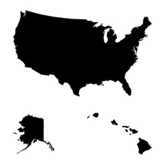 Black Map USA, including Alaska and Hawaii on white background