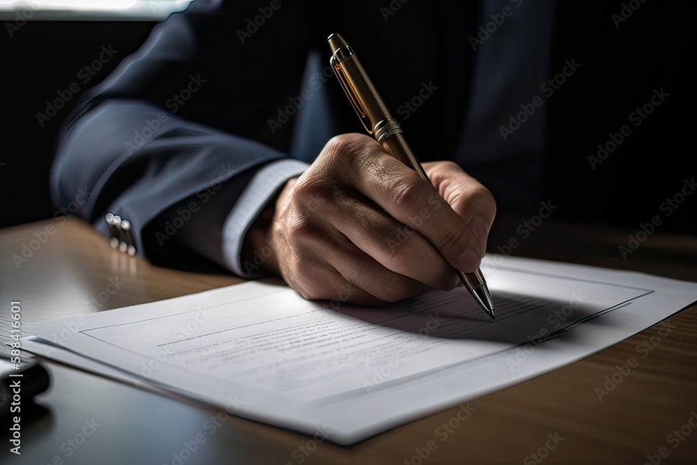 Wall mural close-up of businessperson signing contract, writing paper at the desk with pen and reading books at