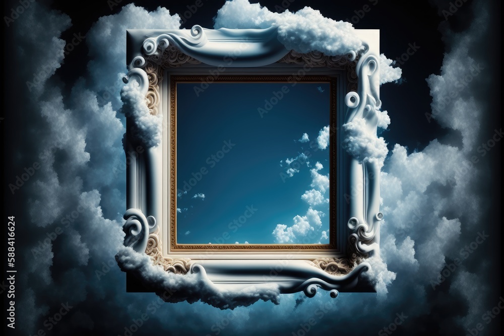 Poster frame isolated on white cloud background in the sky in square shape. concept of luxurious fantasy. f