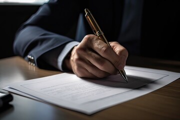 Close-up Of Businessperson Signing Contract, writing paper at the desk with pen and reading books at table with basic business Form document working in office. Generative Ai.