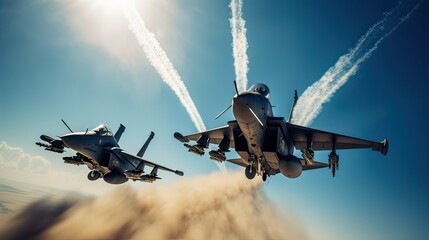 Military fighter aircraft at high speed, flying high in the sky. Generative Ai