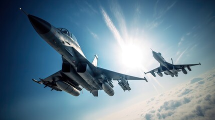 Military fighter aircraft at high speed, flying high in the sky. Generative Ai