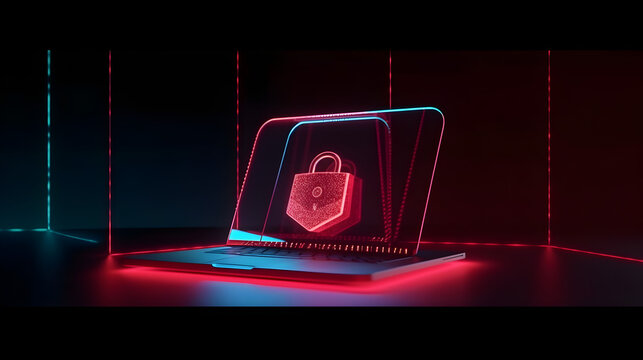 Red laptop, Shield, Lock, Cybersecurity, Online Security, Computer Security, Information Security, Firewall, Antivirus, Malware Protection, Data Encryption, Secure Connection, Network Security, Identi