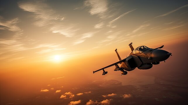 Militar aircraft flying over the clouds in amazing sunset. Generative Ai.