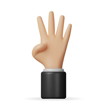 3D Hand Showing Four Fingers Isolated. Render Hand Gesture Symbol. Small, Index, Ring and Middle Fingers are Unclenched and Raised Up. Cartoon Emoji Icon. Vector Illustration