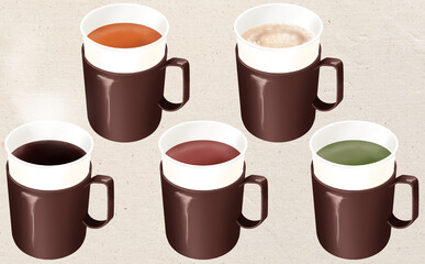 イラスト素材・紙コップのホットドリンク5種・コーヒー カップホルダー付き 砂目背景 色違い・差分あり