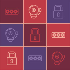 Set line Password protection, Lock and Ringing alarm bell icon. Vector