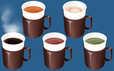 イラスト素材・紙コップのホットドリンク5種・コーヒー...