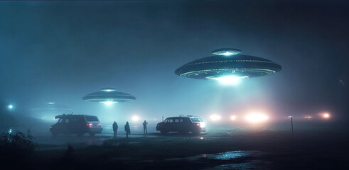 Fototapeta na wymiar UFO landing on a field, Generative AI