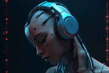 a cyborg ki listening to sad music, Generative AI - obrazy, fototapety, plakaty