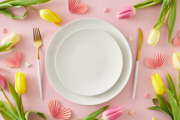 Mother's Day celebration concept. Top view photo of circle plate cutlery knife fork pink origami...
