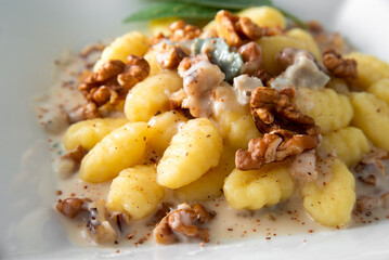 Piatto di deliziosi gnocchi di patate conditi con gorgonzola e noci, cibo italiano 