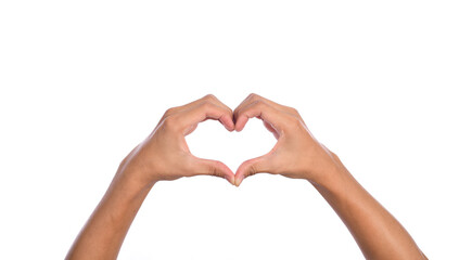 Man hands making a heart shape on a white isolated background