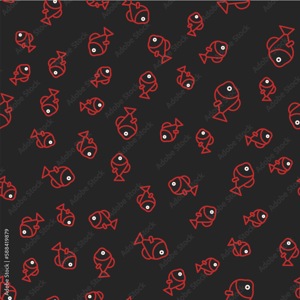 Poster line fish icon isolated seamless pattern on black background. vector