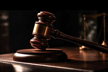 Wooden brown judge gavel with scales in background, decision mallet for court verdict. Law and justice system symbol, high quality generative ai