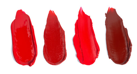 Pattern smears and textures of lipsticks or acrylic paints isolated on white background. Cream makeup texture. Bright red color cosmetic product brush stroke swipe sample. Top view