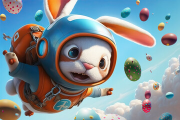 Easter bunny skydiving and easter eggs falling through the air . Funny Easter holidays. Generative Ai
