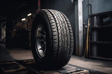 Obraz na płótnie Canvas Car tire in a car repair shop. Auto service industry. Selective focus. Generative AI