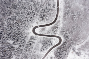 Drone view at mountain road at winter