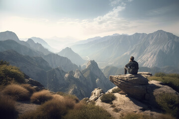 Naklejka na ściany i meble Man sitting on top of a rock and looking at the valley. Generative AI