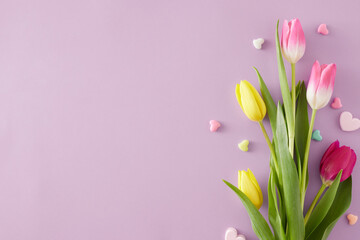 Mother's Day mood concept. Top view composition of bouquet of pink yellow tulips and colorful hearts baubles on isolated violet background with copy space