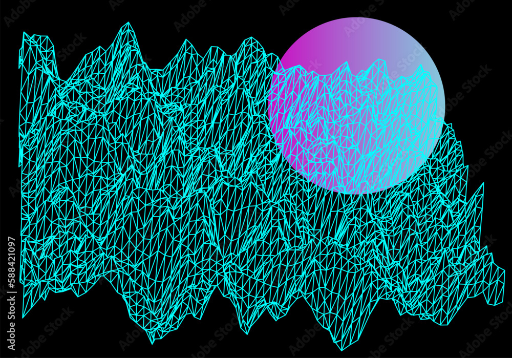 Fototapete sci-fi vaporwave 3d landscape made of a polygonal distorted grid. synthwave hi-tech style background