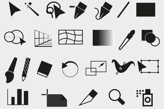 Set of 25 graphic design web icons in line style. Icons for graphic designers, creative packs, stationary, software, creativity, tools, pictures, collections. Vector illustration.