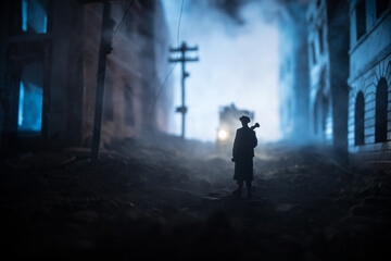 Military soldier silhouette with bazooka. War Concept. Military silhouettes fighting scene on war...