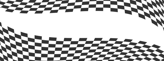 Wavy race flag or chess board background. Warped black and white checkered pattern. Motocross, rally, sport car or chess game competition banner
