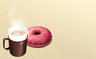 イラスト素材・カップホルダー付き紙コップのホットカフェオレ&ドーナッツ イエロー背景 色違い・差分有