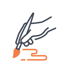 Hand with brush icon. Character draws picture, creativity and art, skill development. Education and training. Interface for programs and applications. Cartoon flat vector illustration