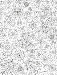 Coloring pages for children and adults.Blooming garden illustration hand drawing.   