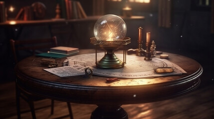 Plakat Magic still life with magic crystal ball, book, runes and candles on wooden table.generative ai