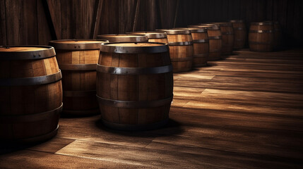 Barrels of wine on wooden background.generative ai