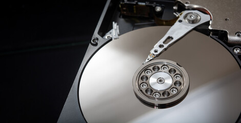 Internal parts of the hard drive. HDD. Computer memory. Modern technologies. Computer repair. Data...