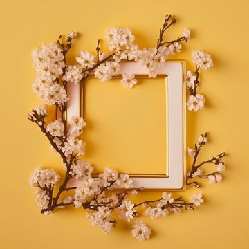 top view of almond blossom tree flowers and gold elegant empty frame over yellow pastel background. For mock up Generated by AI