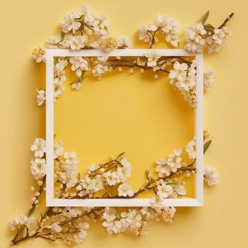 top view of almond blossom tree flowers and gold elegant empty frame over yellow pastel background. For mock up Generated by AI