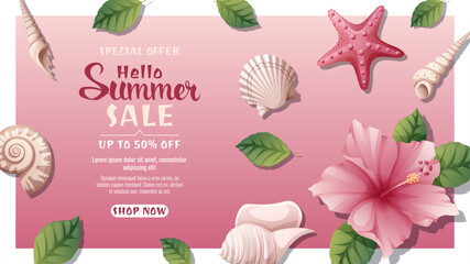 Summer background with hibiscus flower, seashells and starfish. Summer time, vacation. Summer sale template, discount banner
