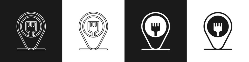 Set Cafe and restaurant location icon isolated on black and white background. Fork eatery sign inside pinpoint. Vector.