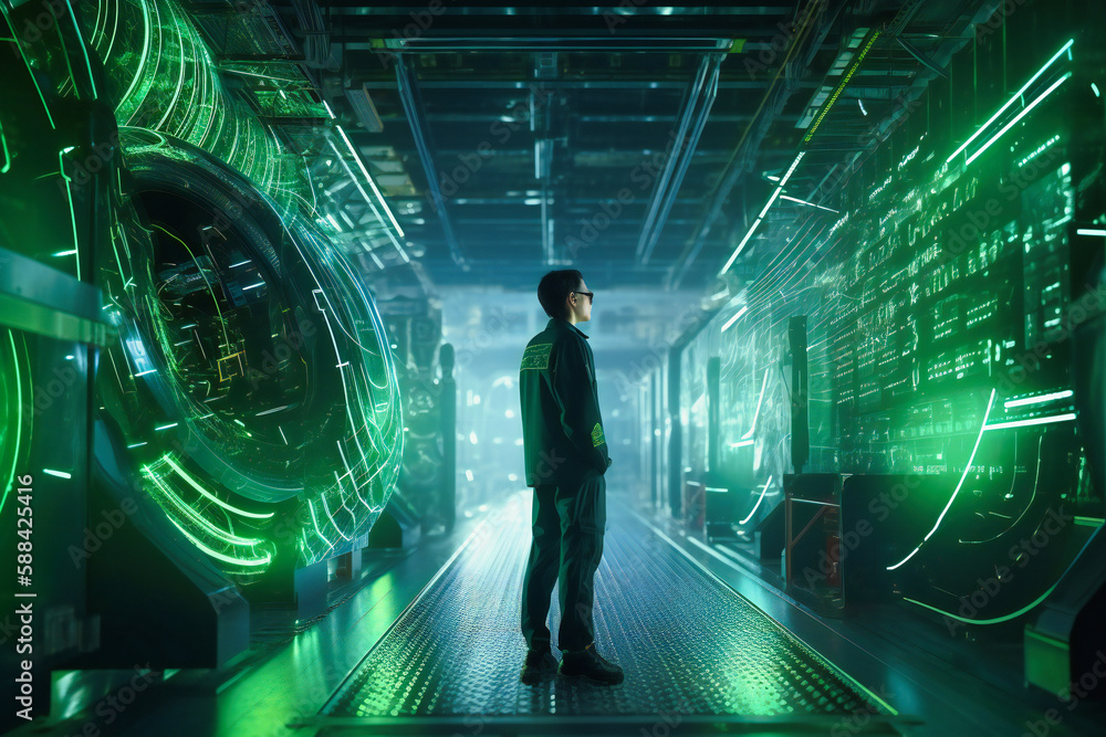 Poster engineer monitoring critical information at a cutting-edge robotic line for aerospace engine manufac