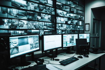Naklejka premium Surveillance room with lots of monitors monitoring CCTV cameras, high quality generative ai