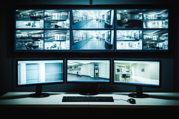 Naklejka premium Surveillance room with lots of monitors monitoring CCTV cameras, high quality generative ai