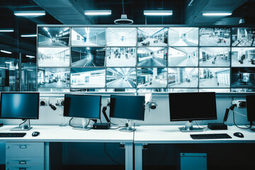 Surveillance room with lots of monitors monitoring CCTV cameras, high quality generative ai
